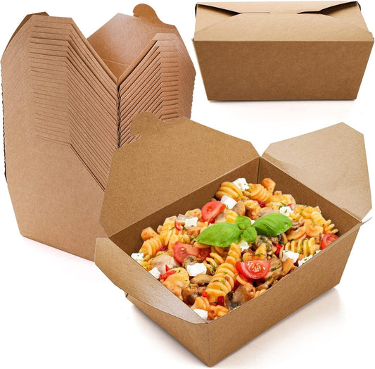 HOT BARGAINS 50 X No.1 / 750ml Takeaway Food Snack Boxes Cardboard Leak Proof Design Biodegradable Kraft Food Containers (130/112x106/90x65mm-750ml/26oz) (50)