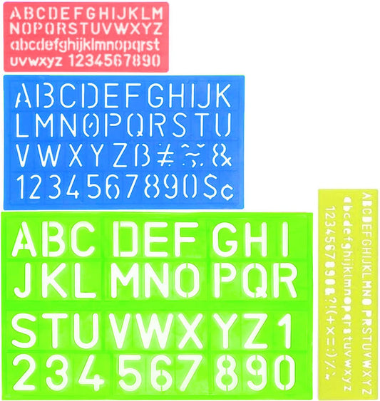 RIVIEVAL 4 Pcs Stencil Set Alphabet Letter Stencils Plastic Number Stencils Assorted Sizes Stencil for Kids' Drawing Template Painting Learning DIY(Assorted Colors)