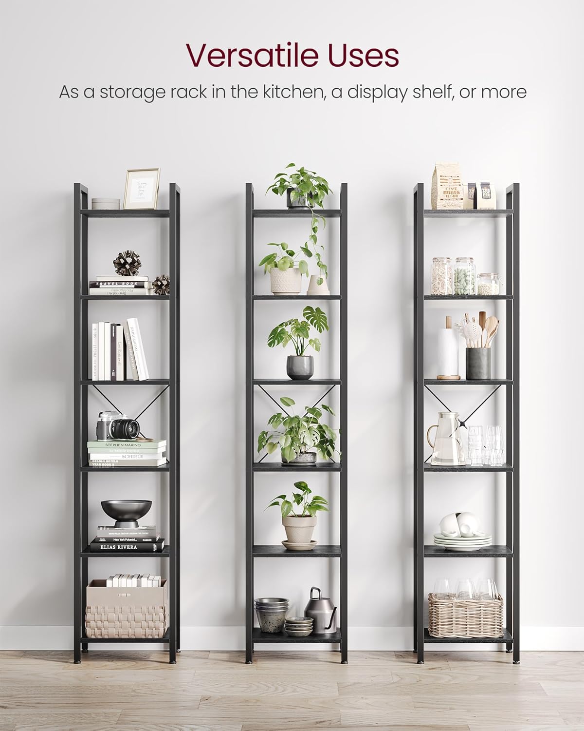 VASAGLE 6-Tier Industrial Bookshelf – Tall Ebony Black Metal Bookcase for Living Room, Office, Bedroom, Study – 30 x 40 x 187.5 cm