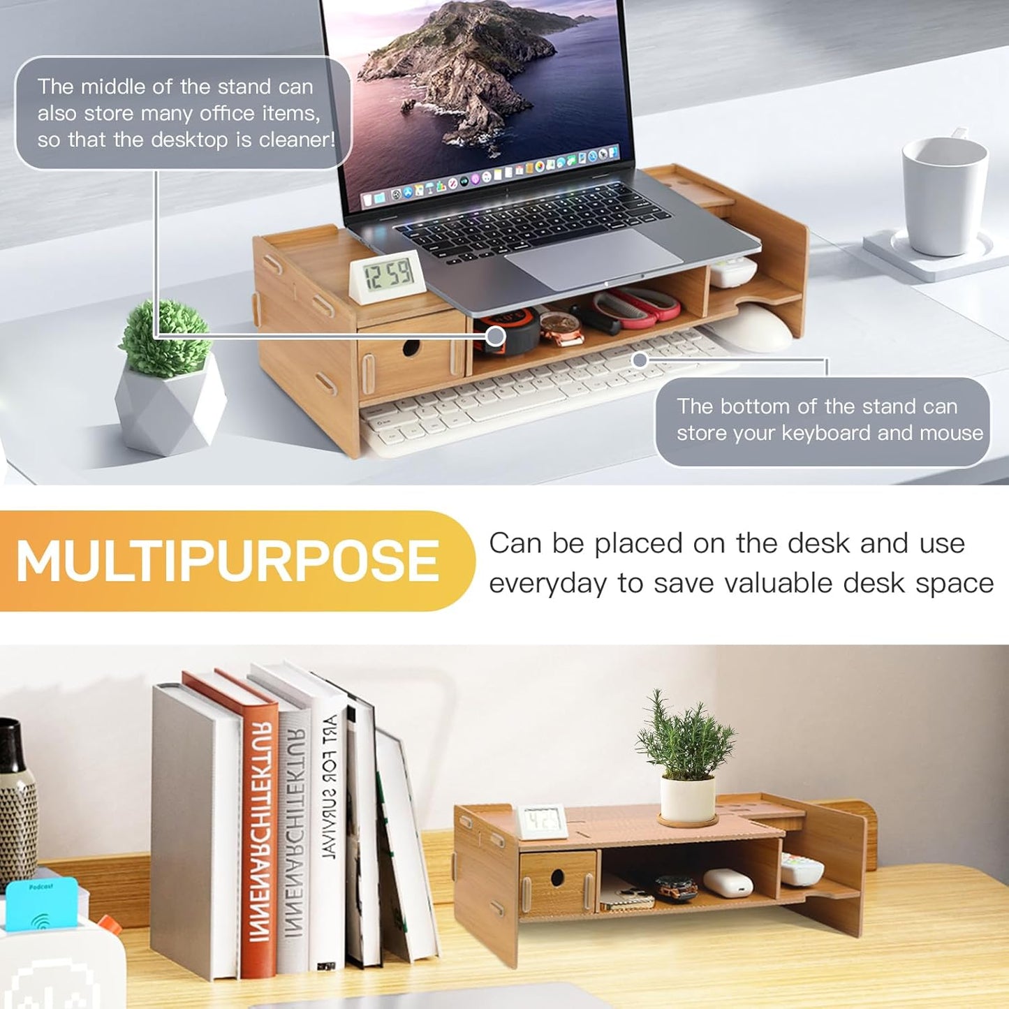 Tonsmile Wood Monitor Stand, Wooden Office Desk Desktop Storage Organiser Computer Screen Monitor Riser with Drawer (W480 x D200 x H120mm)