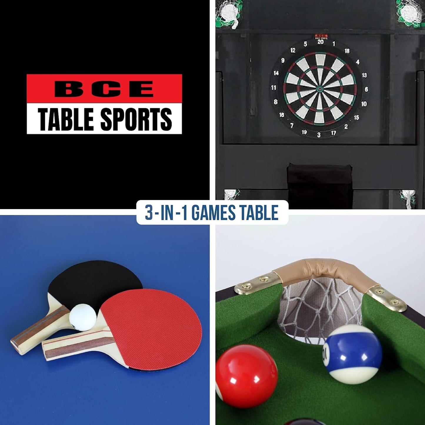 BCE 6ft 3-in-1 Folding Pool Table with Table Tennis Top & Soft Tip Dart Board with Desk Top - Easy to Move - All Accessories Included