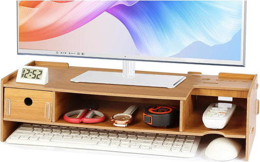 Tonsmile Wood Monitor Stand, Wooden Office Desk Desktop Storage Organiser Computer Screen Monitor Riser with Drawer (W480 x D200 x H120mm)