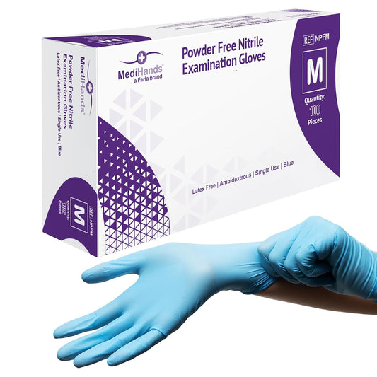 MediHands Nitrile Gloves – Medium, Blue, Powder-Free, Latex-Free, 100 Disposable Pack