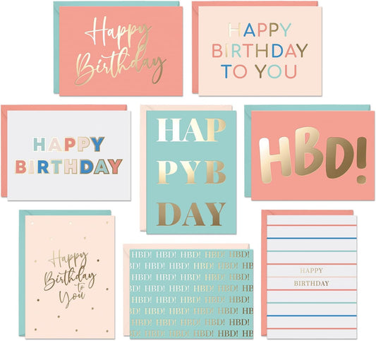 Set of 24 Gold Foil Bulk Birthday Cards Assortment – Bulk Happy Day pages with Envelopes Box Set – Assorted Blank celebration sheets for Women, Men, and Kids in a Boxed Card Pack