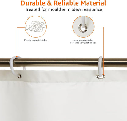 Basics Shower Curtain, Water and Mould Resistant Fabric Bathroom Curtain with Grommets & Hooks, Machine Washable,  White