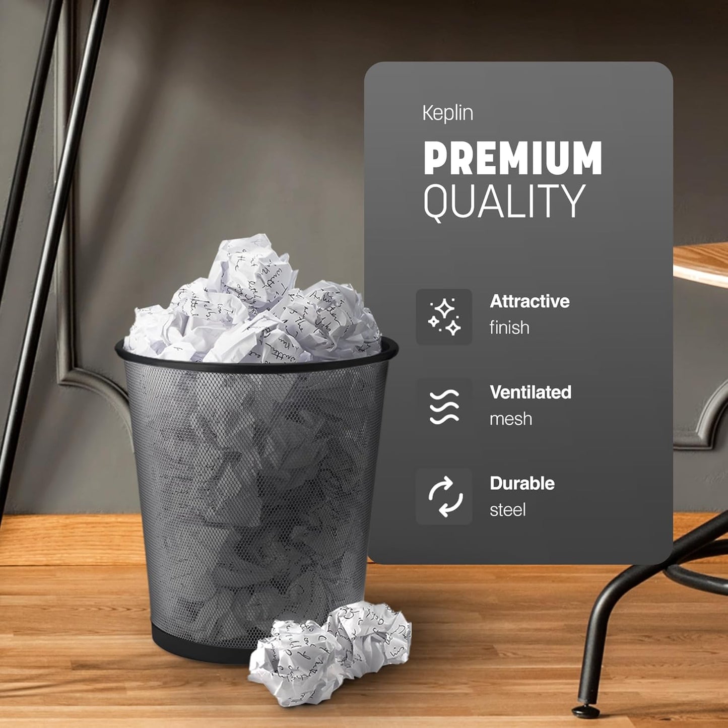 KEPLIN Black Mesh Trash Can – Stylish Metal Bin for Home, Office & Bathroom