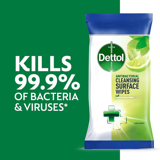 Dettol Antibacterial Lime & Mint Cleaning Wipes - 126 Count | Germ Protection, Fresh Scent, Multi-Surface Use, Convenient for Home, Office, Travel, Hygiene Essentials