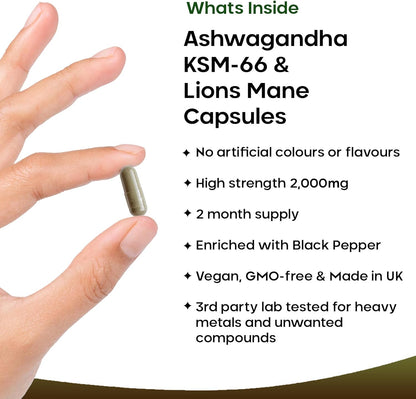 Ashwagandha KSM-66 & Lion’s Mane 2000mg – 120 Vegan Capsules with Black Pepper