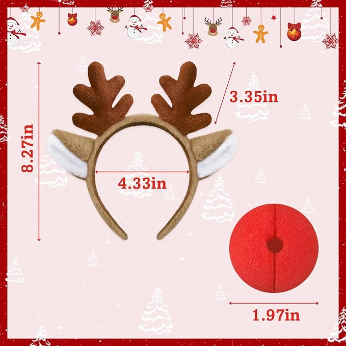 Reindeer Antlers, Christmas Headbands Animal Ears Hairband with Red Nose Halloween Deer Headwear Festive Cosplay Party for Adults Women Girl Kids, Brown