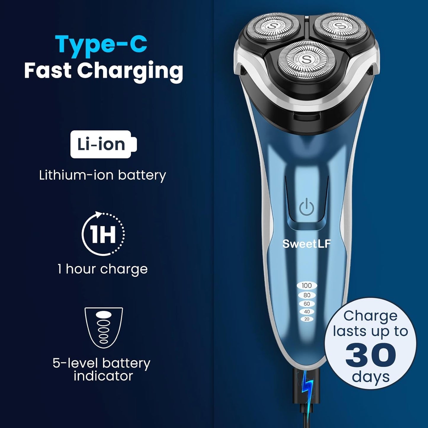 SweetLF Electric Shaver for Men – 100% Waterproof, LED, Pop-up Trimmer, 120 Min Use