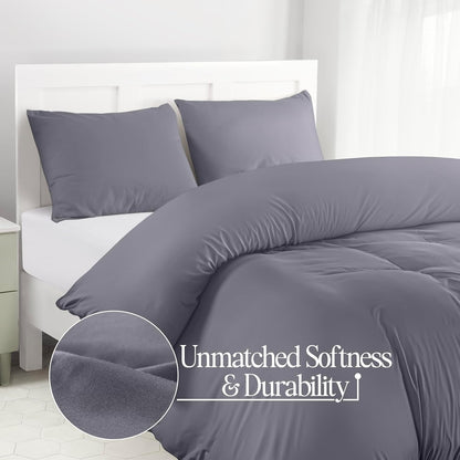 Grey Double Duvet Cover Set – Soft Microfiber Bedding with Pillowcases – Utopia