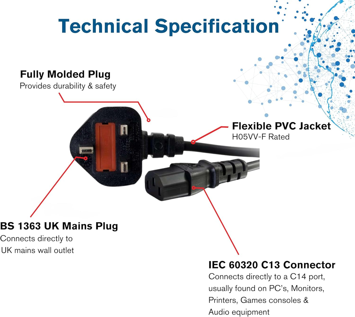 C2G 2M UK Power Cable – Kettle Lead Cord (IEC C13 to BS1363), 6FT, Black