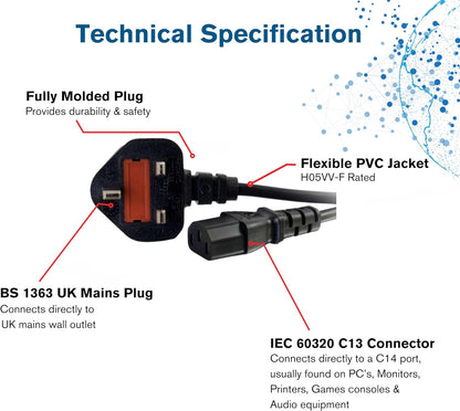 C2G 2M UK Power Cable – Kettle Lead Cord (IEC C13 to BS1363), 6FT, Black
