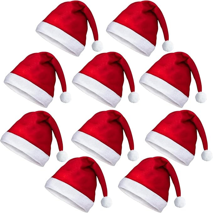 10PCS Santa Hats Christmas Hat for Adults, Unisex, Red, Classic Santa Outfit for New Year Festive Party Supply