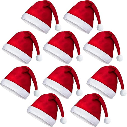 10PCS Santa Hats Christmas Hat for Adults, Unisex, Red, Classic Santa Outfit for New Year Festive Party Supply