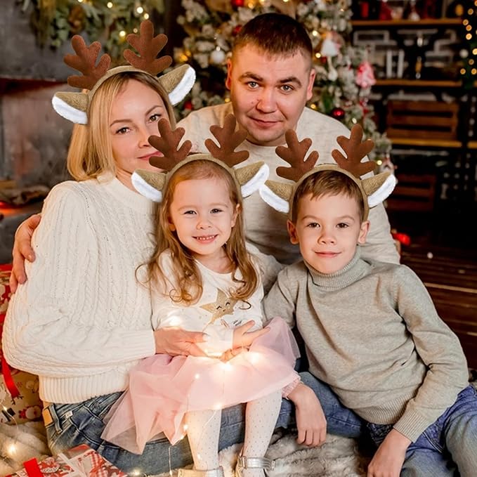 Reindeer Antlers, Christmas Headbands Animal Ears Hairband with Red Nose Halloween Deer Headwear Festive Cosplay Party for Adults Women Girl Kids, Brown