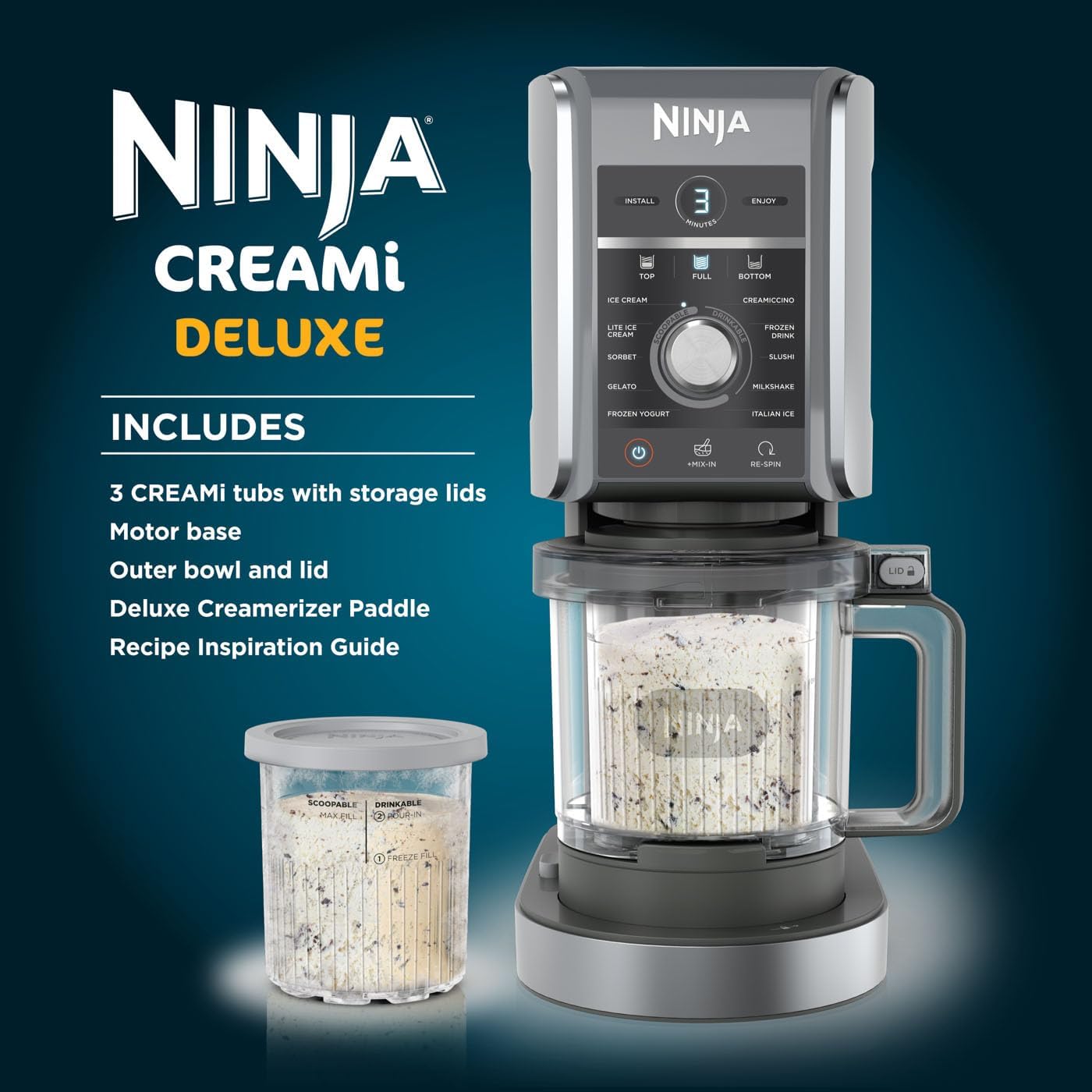 Ninja CREAMi Deluxe Ice Cream & Dessert Maker – 10-in-1, 3 Tubs, Silver NC501UK