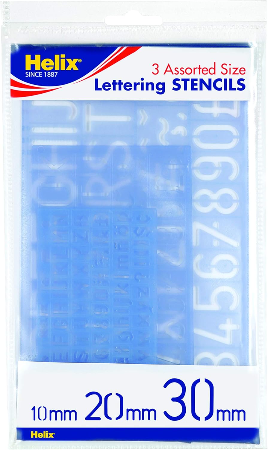 Helix Three Piece Stencil Set - Letters Numbers and Symbols (10mm 20mm 30mm), Blue