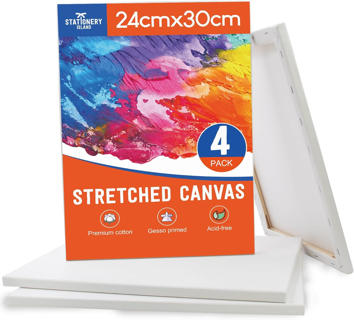 STATIONERY ISLAND 24x30cm Stretched Canvas 4 Pack, A4 Canvas for Painting 100% Cotton Acid Free Professional Art Canvases for Acrylic Oil Gouache Watercolour(9“ X 12”)