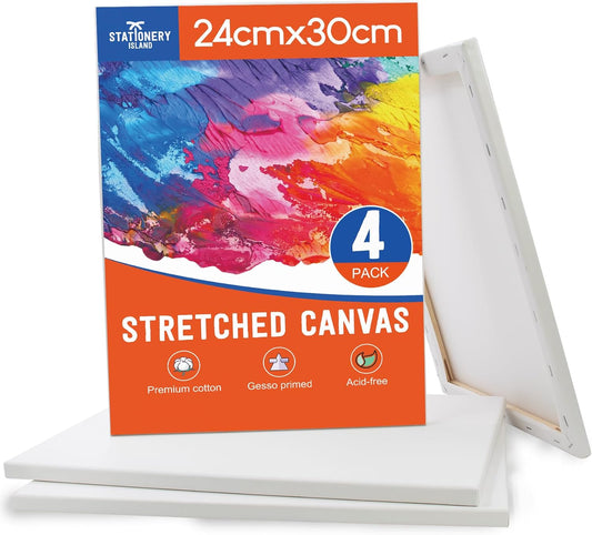 STATIONERY ISLAND 24x30cm Stretched Canvas 4 Pack, A4 Canvas for Painting 100% Cotton Acid Free Professional Art Canvases for Acrylic Oil Gouache Watercolour(9“ X 12”)