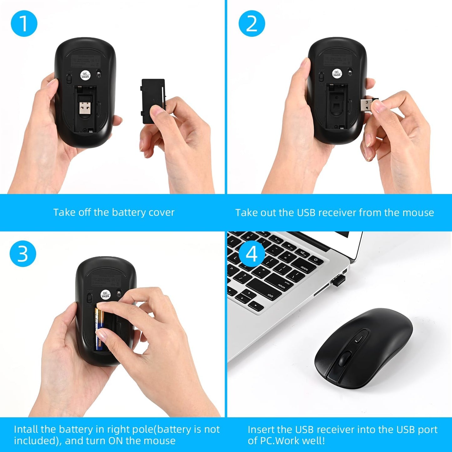 Wireless Mouse, 2.4G Slim Portable Wireless Mouse for Laptop Silent Mouse Ergonomic Cordless Design with USB Nano Receiver Compatible with PC Mac Computer Macbook Notebook (Black)