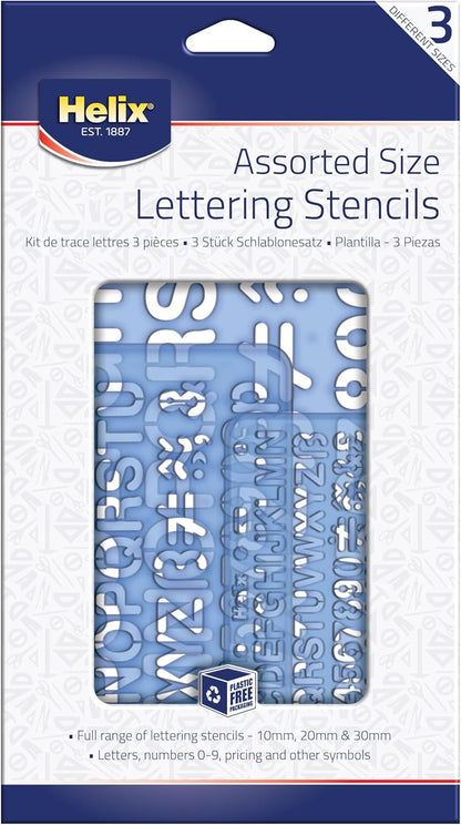 Helix Three Piece Stencil Set - Letters Numbers and Symbols (10mm 20mm 30mm), Blue