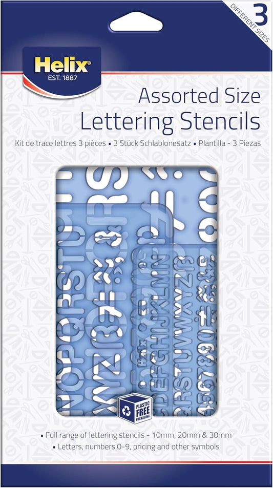 Helix Three Piece Stencil Set - Letters Numbers and Symbols (10mm 20mm 30mm), Blue