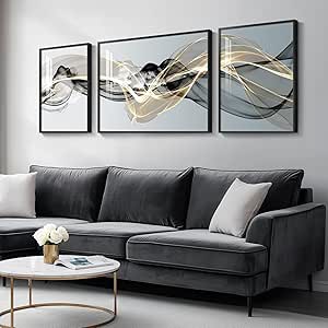 Large Framed Modern Luxury Abstract Wall Art for Living Room, 3 Piece Minimalist Prints Paintings Artwork for Walls, Black White Gold Abstract Line Pictures for Hallway Dining Bedroom Office Wall