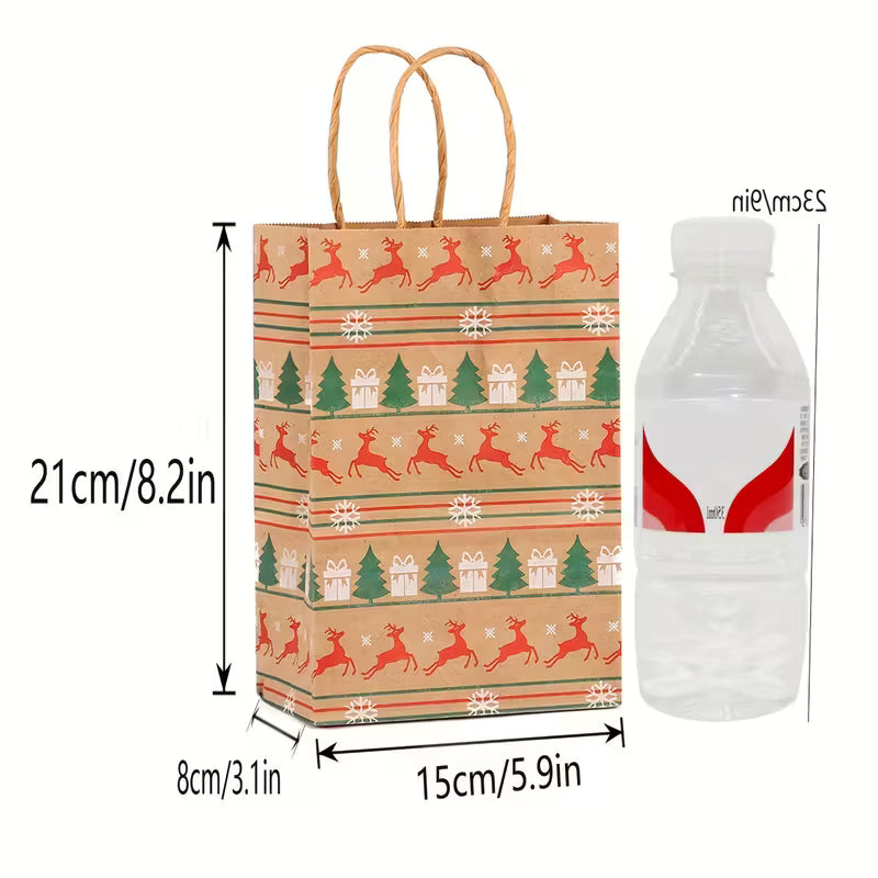 12pcs Festive Kraft Paper Gift Bags with Handles, Assorted Cartoon Christmas Designs for Holiday Party Favors and Presents