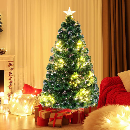 GYMAX 4FT/5FT Fiber Optic Christmas Tree, Pre-lit Artificial Xmas Tree with 18/24 Shape-Adjustable Light Strips, Top Star, 130/170 Branch Tips, Xmas Decor for Home Office Party (120CM)