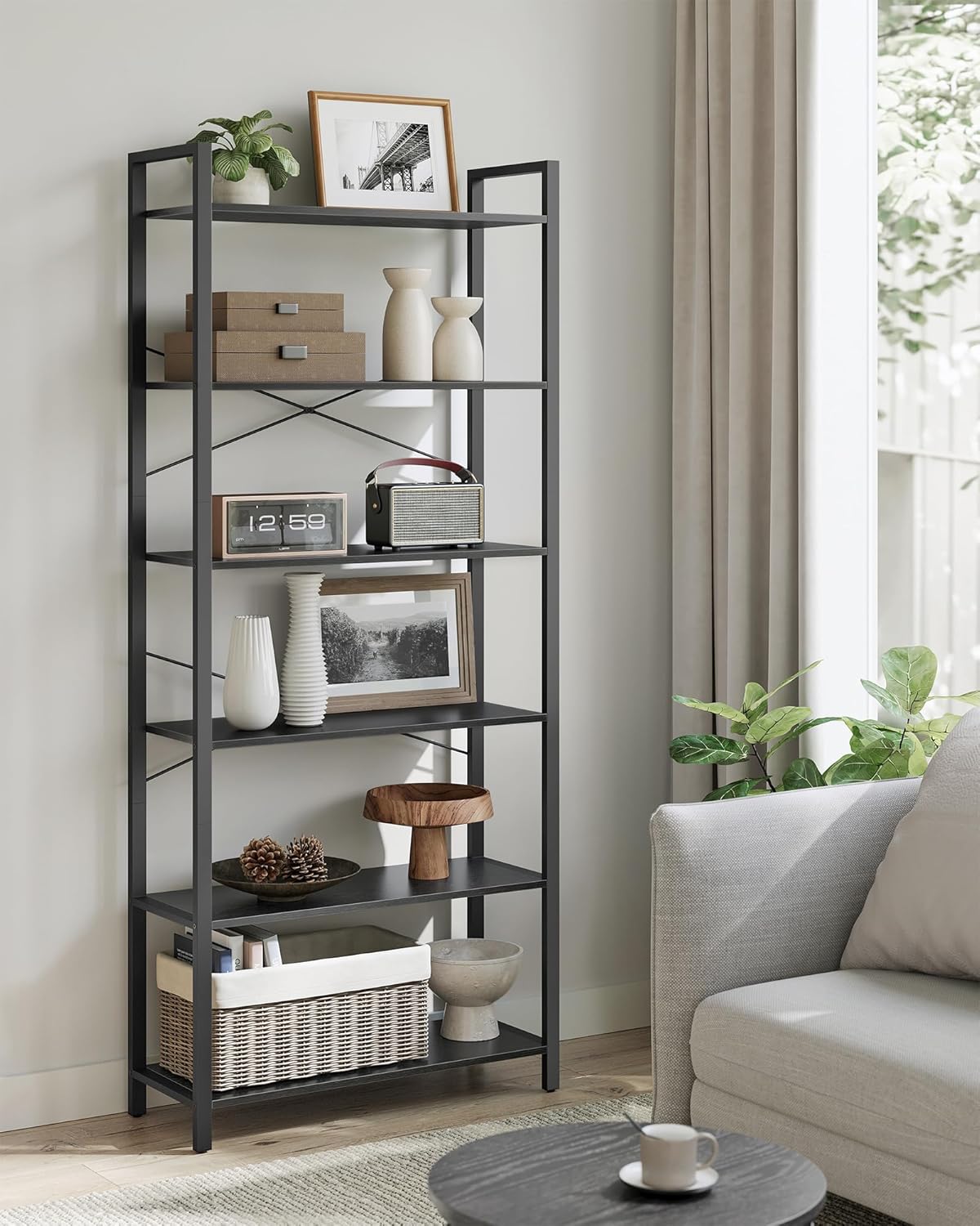 VASAGLE 6-Tier Industrial Bookshelf – Ebony & Ink Black Bookcase for Home & Office 30 x 80 x 186 cm