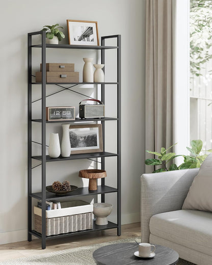 VASAGLE 6-Tier Industrial Bookshelf – Ebony & Ink Black Bookcase for Home & Office 30 x 80 x 186 cm