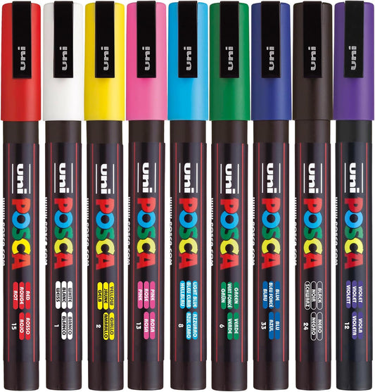 Posca Paint Pens, Permanent Markers, Water-Based, Ideal for Rock Painting, Canvas, Glass, Wood, Metal, Fabric, Colouring, Arts and Crafts for Kids and Adults, Fade Resistant (Standard - 3M - 9pc)