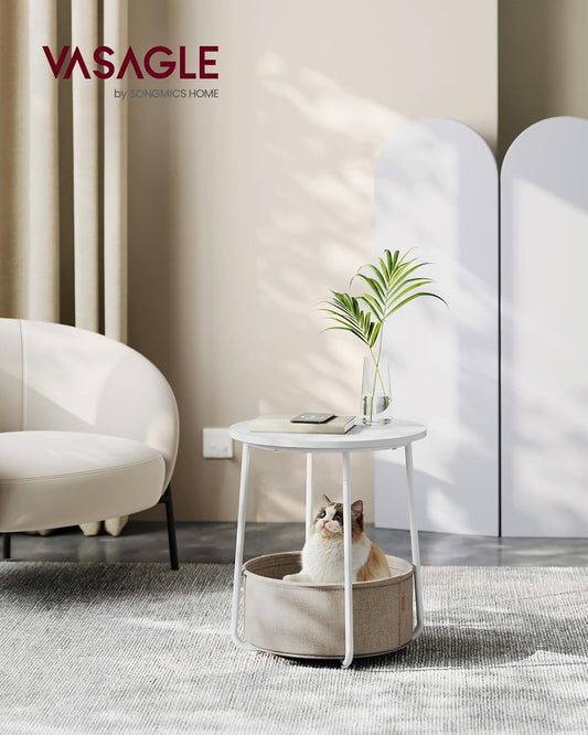 Modern Round Side Table with Storage Basket – Bedside or Living Room Use
