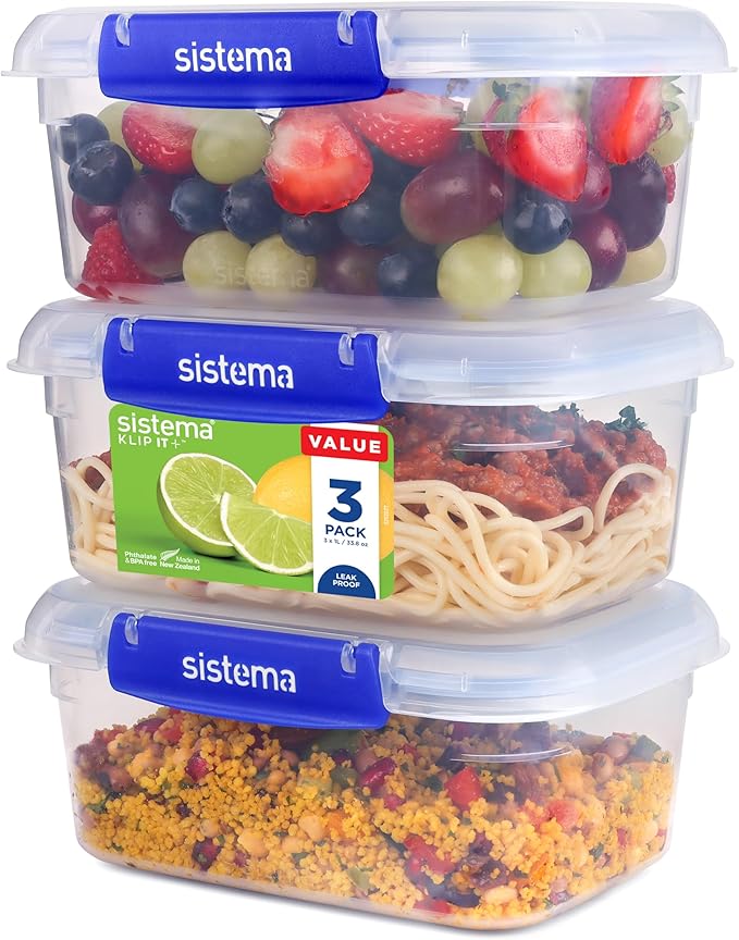 Sistema KLIP IT PLUS Leakproof Food Storage Containers | 1 L | AirtightStackable & Nestable Meal Prep Containers with Lids | School Lunch Boxes | 3 Count