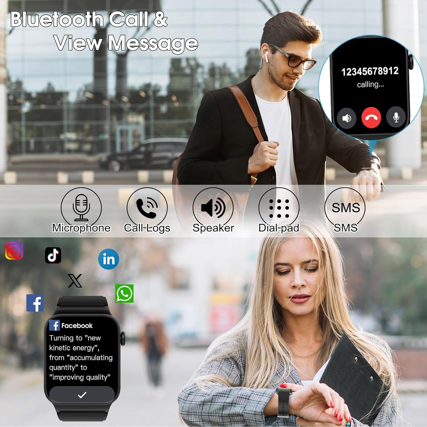 Smart Watch with Call Function, 1.85'' HD Fitness Tracker, Heart Rate & Sleep Monitor
