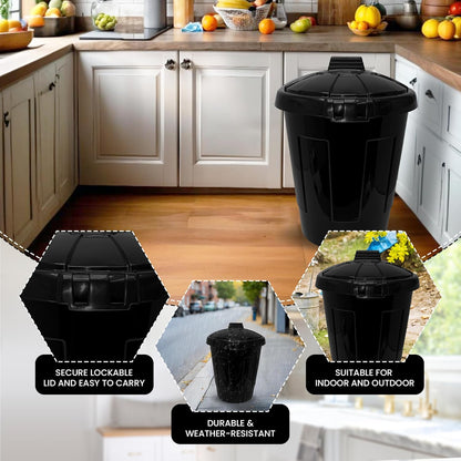 2-Pack Large 90L Black Garden Dustbin - Heavy Duty Plastic Waste Bin with Lid