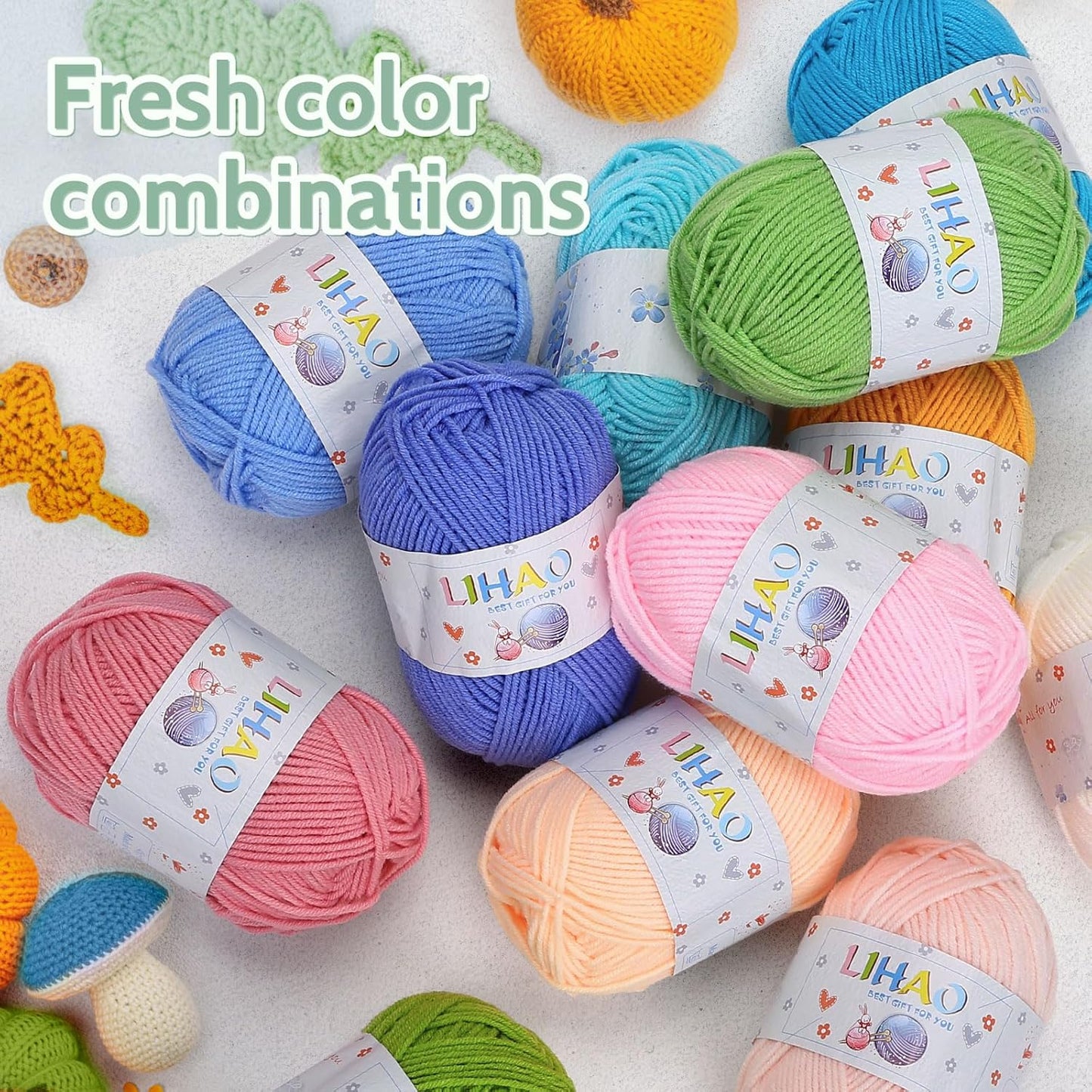 LIHAO 12 x 50g Acrylic Yarn for Knitting, Crochet Yarn Set for Crafts Multicolor Yarn Skeins, Ideal for Beginners Adults Kids Crafts