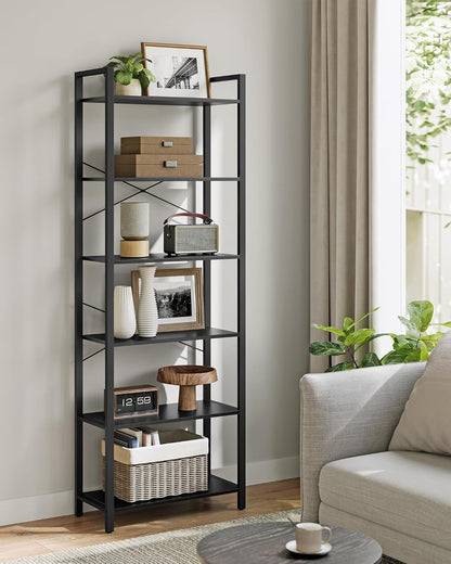 VASAGLE 6-Tier Industrial Bookshelf – Ebony Black Metal Bookcase for Home & Office 30 x 66 x 186 cm