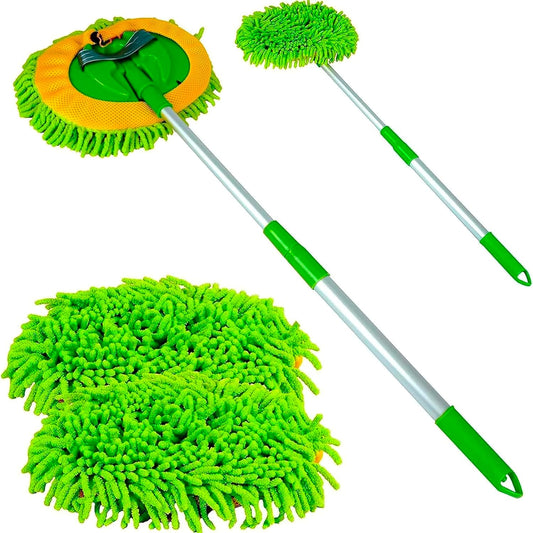 Car Cleaning Brush – Includes 2 Ultra-Soft Mop Heads & Extendable Pole (53–104cm) for Scratch-Free Effortless Shine