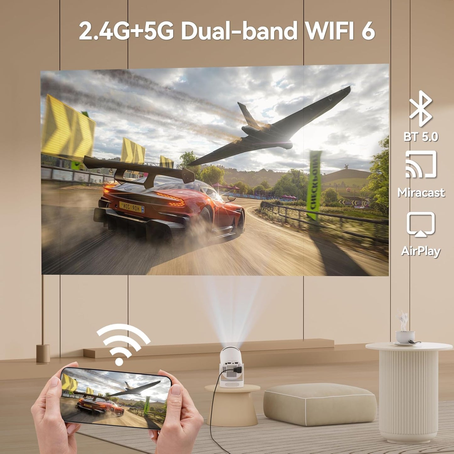 Portable Mini Projector with WiFi 6 & Bluetooth 5.0, 4K 1080P, 280 ANSI Lumens for Home & Outdoors