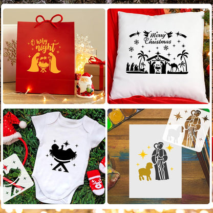 HOWAF 10 Nativity Stencils,Christmas Nativity Scene Christmas Stencils for Crafts Reusable Christmas Window Stencils Christmas Nativity Set Plastic Wall Stencils for Painting Xmas Stencils for Windows