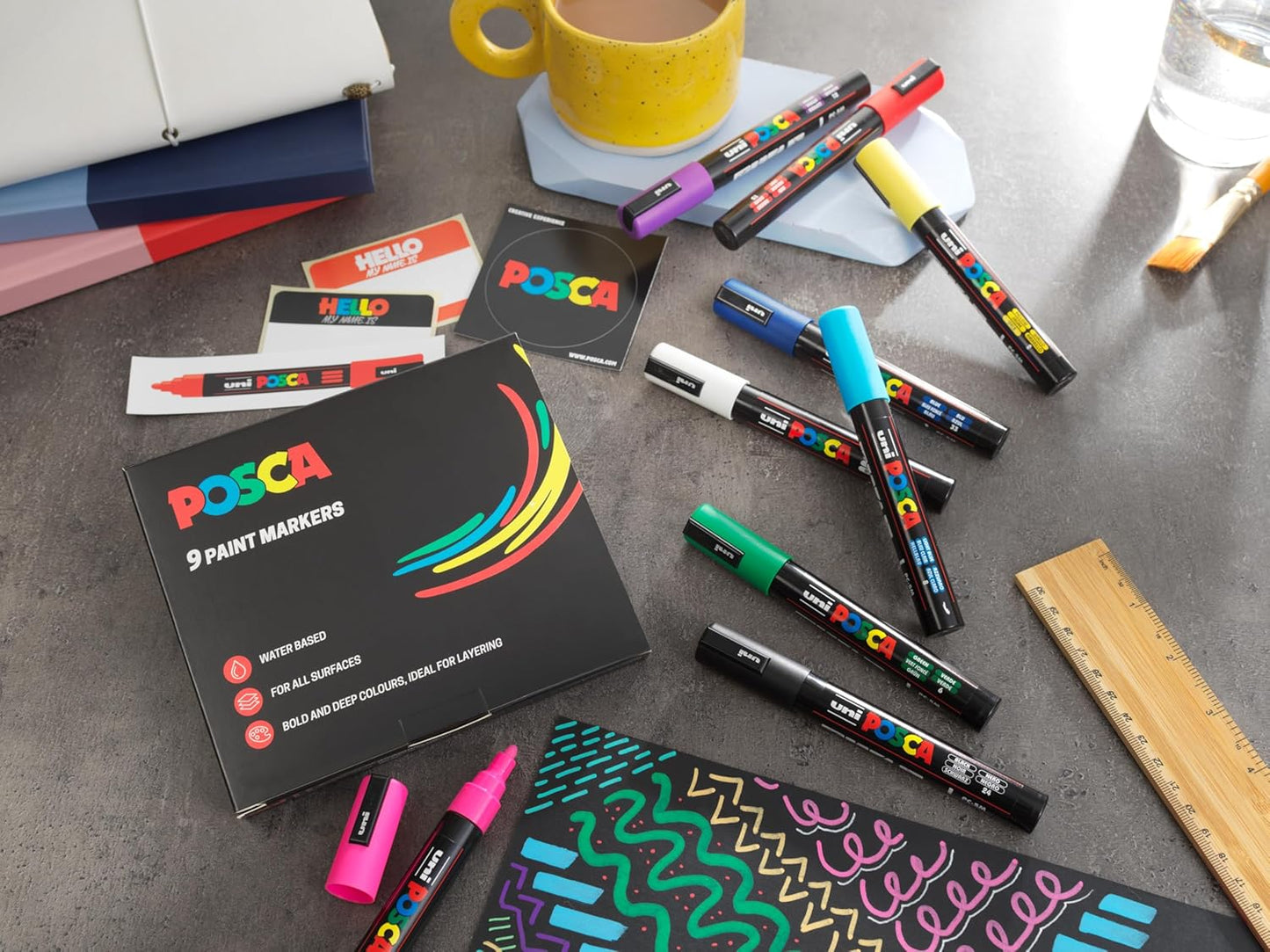 Posca Paint Pens, Permanent Markers, Water-Based, Ideal for Rock Painting, Canvas, Glass, Wood, Metal, Fabric, Colouring, Arts and Crafts for Kids and Adults, Fade Resistant (Standard - 5M - 9pc)