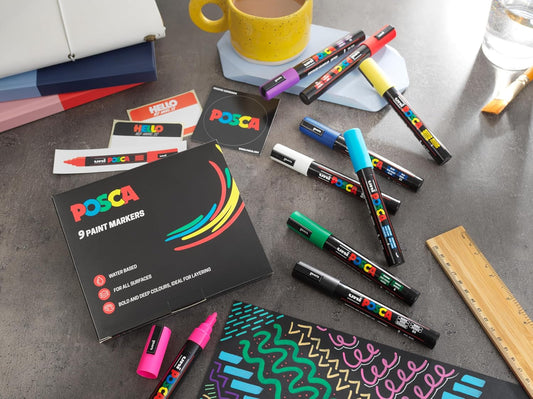 Posca Paint Pens, Permanent Markers, Water-Based, Ideal for Rock Painting, Canvas, Glass, Wood, Metal, Fabric, Colouring, Arts and Crafts for Kids and Adults, Fade Resistant (Standard - 5M - 9pc)