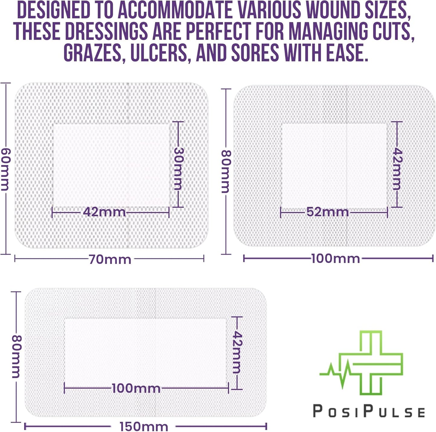 Posi Pulse Assorted Adhesive Wound Dressings - 32 Packs for Protection from Infection, Sterile Individually Wrapped, Hypoallergenic, Breathable, Absorbent for Cuts, Grazes, Ulcers, Sores