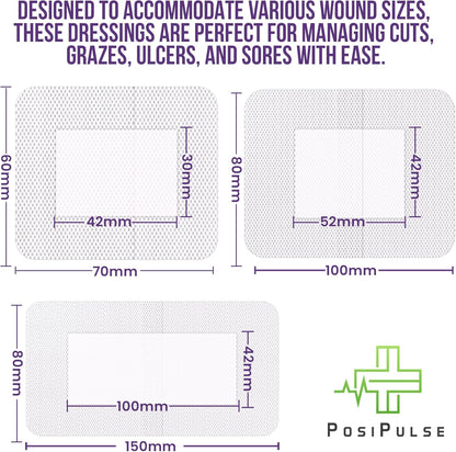 Posi Pulse Assorted Adhesive Wound Dressings - 32 Packs for Protection from Infection, Sterile Individually Wrapped, Hypoallergenic, Breathable, Absorbent for Cuts, Grazes, Ulcers, Sores