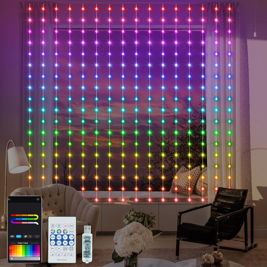ZAIYW 144 LED Intelligent Light Curtain RGB 5050 with Integrated Chip, 2.4M x 1.8M Curtain Fairy Lights Remote Control and APP Control, Fairy Lights Curtain Indoor for Background Terrace Bedroom [Energy Class C]