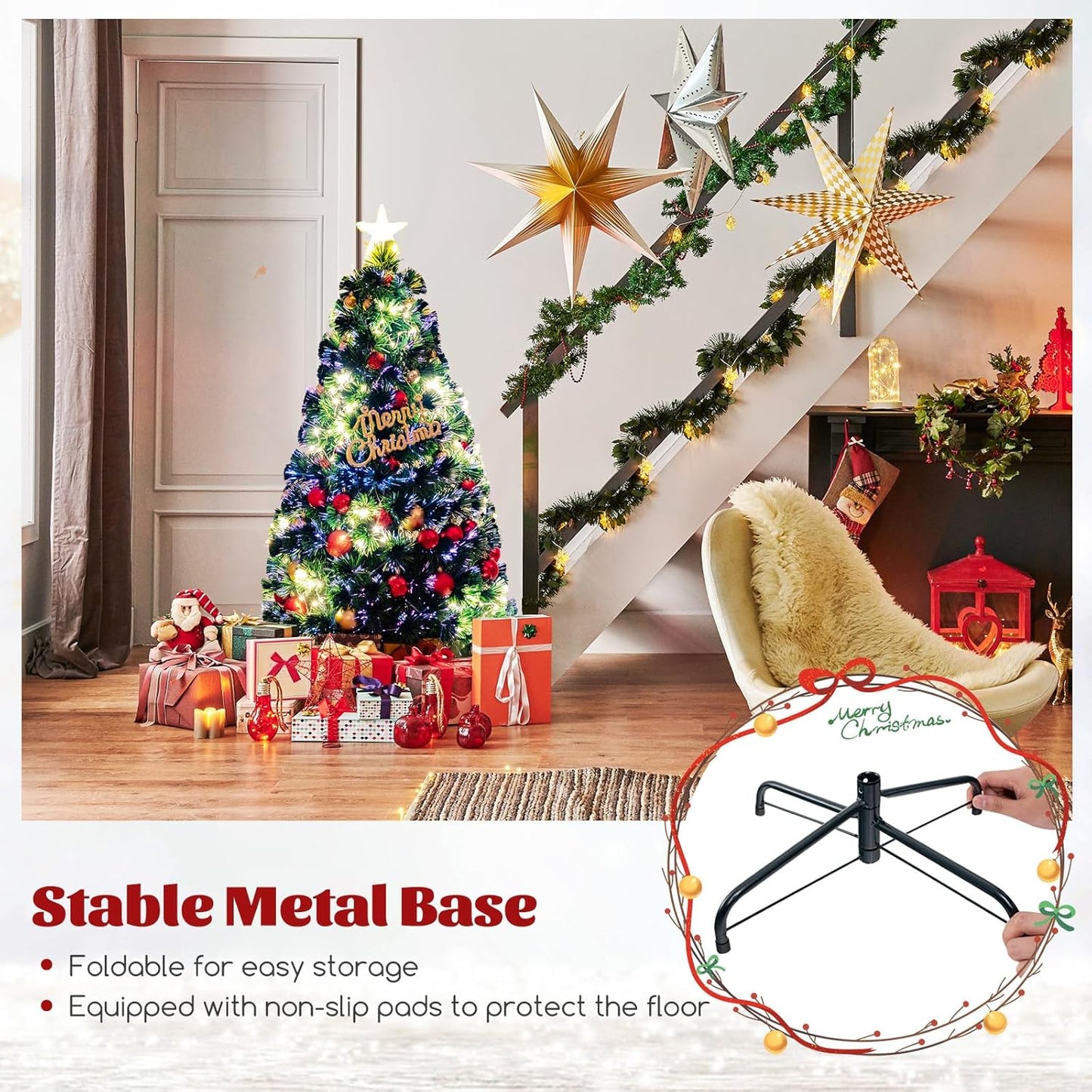 GYMAX 4FT/5FT Fiber Optic Christmas Tree, Pre-lit Artificial Xmas Tree with 18/24 Shape-Adjustable Light Strips, Top Star, 130/170 Branch Tips, Xmas Decor for Home Office Party (120CM)