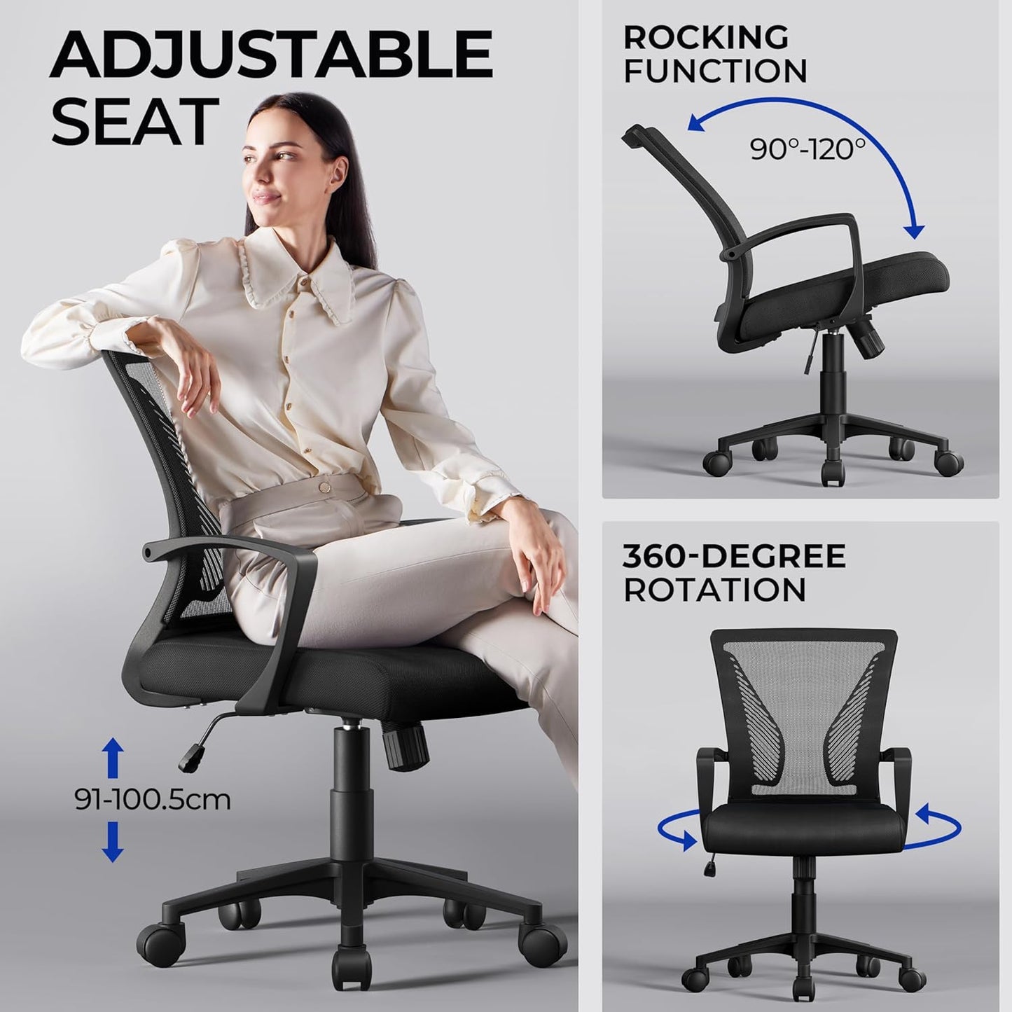 Ergonomic Mesh Office Chair with Lumbar Support & Armrests – Adjustable Swivel