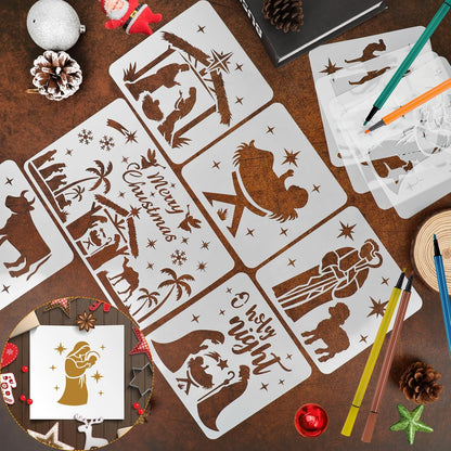 HOWAF 10 Nativity Stencils,Christmas Nativity Scene Christmas Stencils for Crafts Reusable Christmas Window Stencils Christmas Nativity Set Plastic Wall Stencils for Painting Xmas Stencils for Windows